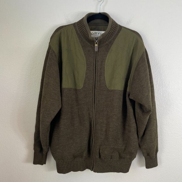 Orvis Mens Large Green Brown 100% Wool Full Zip Bomber Jacket - Picture 1 of 9